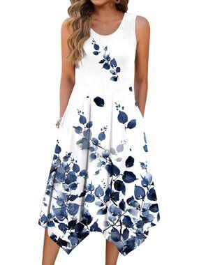 🆕Womens White purple Summer Tank Dress Loose Flowy Beach Dress Flare Midi Dress